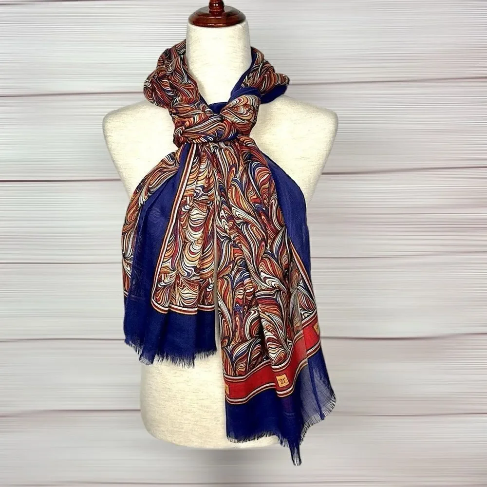 Silk Wool Large Oblong Scarf Shawl Lightweight Wrap Blue Paisley Italy
